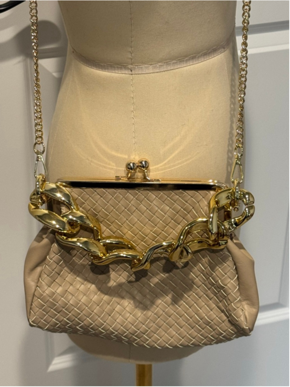 Women's Valentina Fiore Woven Italian Leather Crossbody Bag One Size Beige Gold